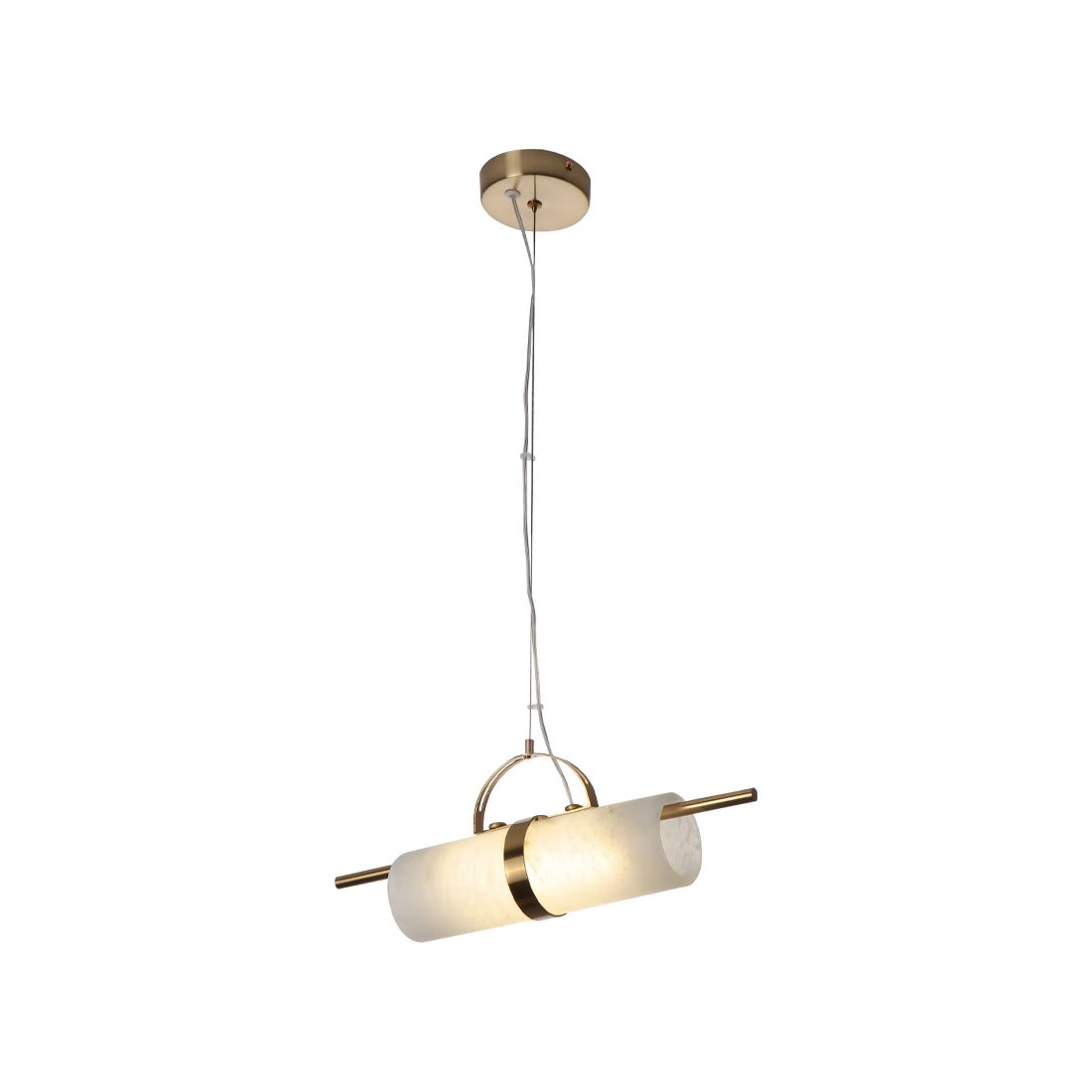 Full drop of the Clérachic Alabaster Cylinder LED Pendant Light on white, copper through-rod running the length of the glowing stone.