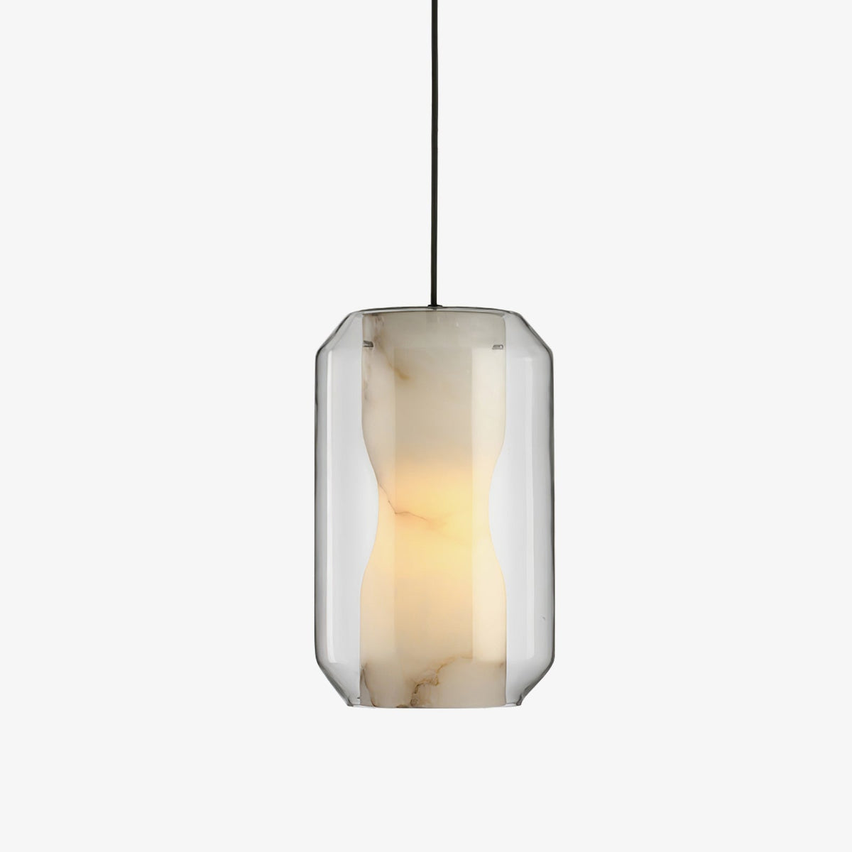 Front view of this Clérachic alabaster pendant on a plain light backdrop, a veined stone cylinder glowing warm inside a clear faceted glass shell.