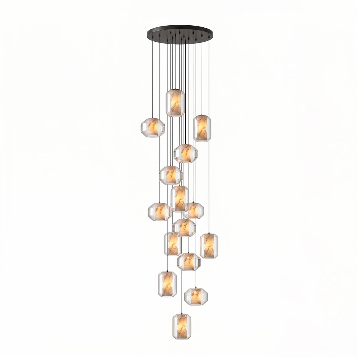 The largest cluster of clear glass Clérachic pendants, many at staggered heights from a wide round black canopy, on a white backdrop.