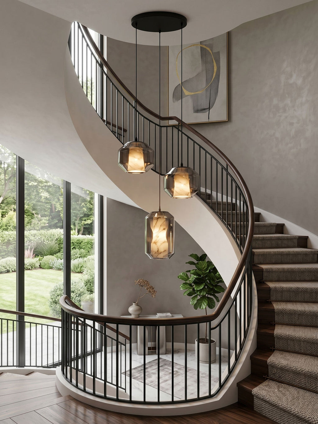 Three smoke grey glass pendants from Clérachic hang from a round black canopy beside a sweeping staircase with a dark handrail and a lawn view.