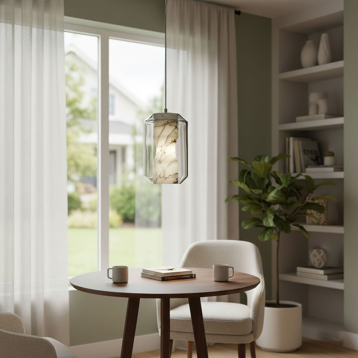 Clérachic alabaster pendant above a small round wooden table and armchair in a bright corner, with sheer curtains and a window onto the garden.