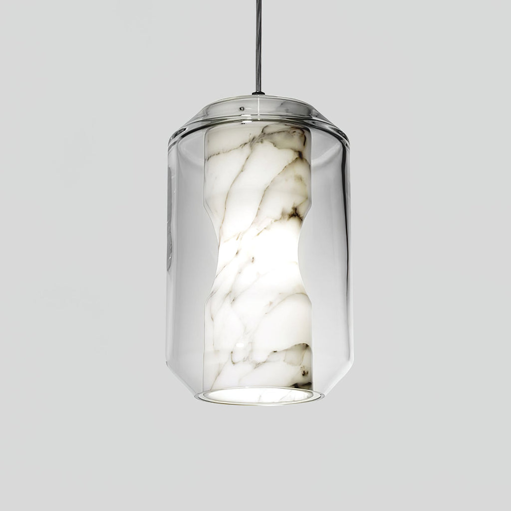 Side view of a tall Clérachic pendant on a pale grey backdrop, showing the waisted alabaster column with dark veining inside clear glass.