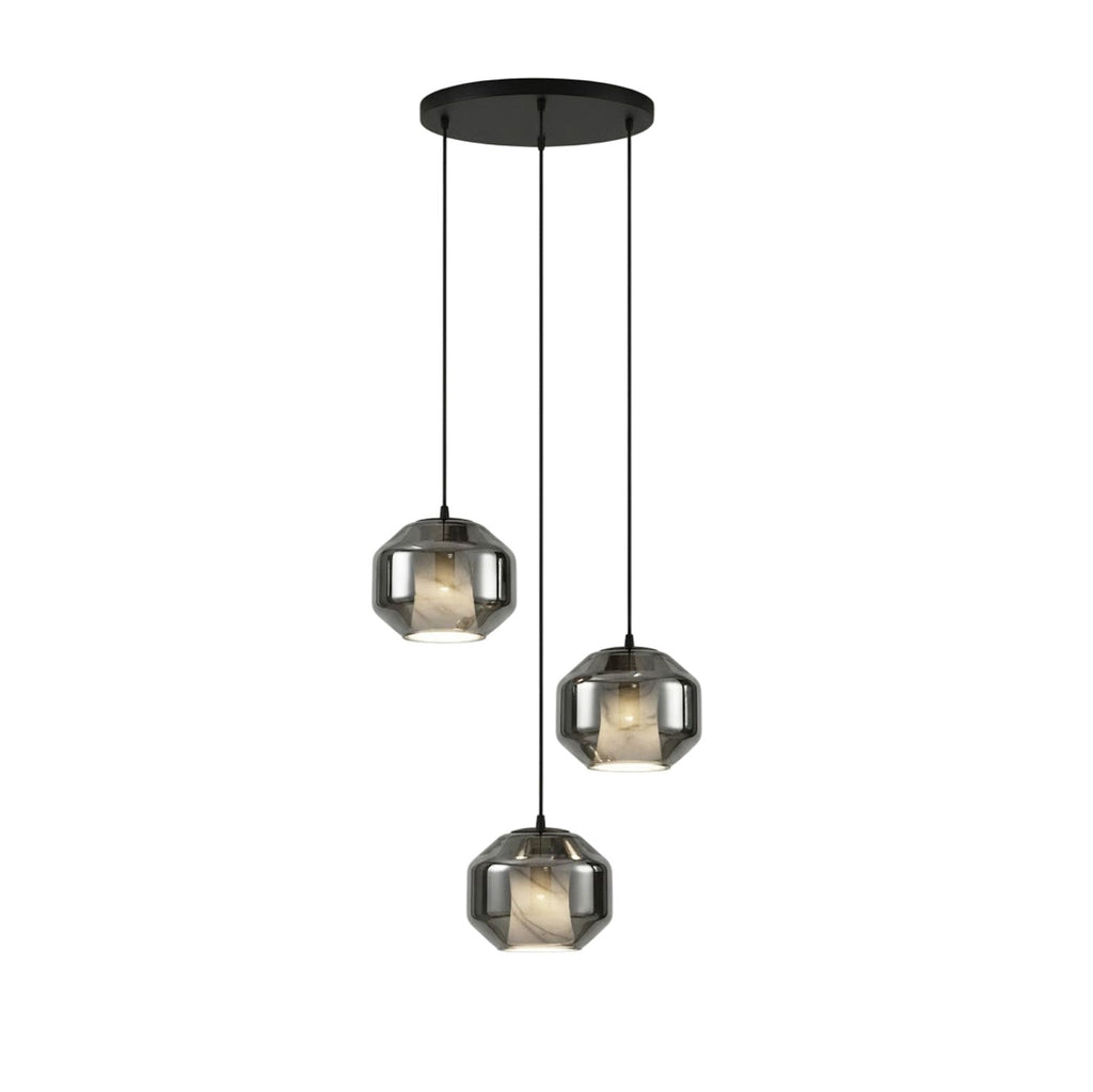 Three smoke grey Clérachic pendants at different heights hang from one round black canopy on a white backdrop, each with an alabaster core.