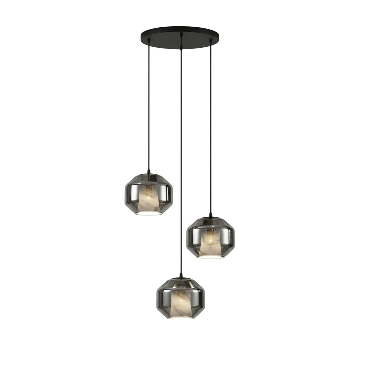 Three smoke grey Clérachic pendants at different heights hang from one round black canopy on a white backdrop, each with an alabaster core.
