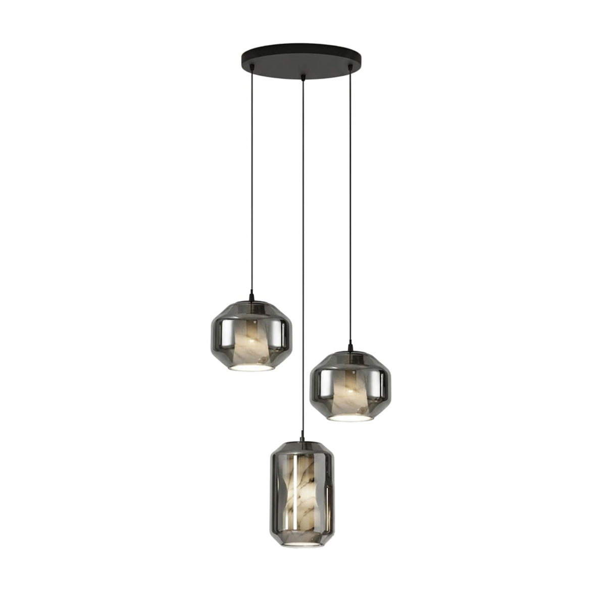 Three smoke grey glass Clérachic pendants, two wide and one tall, hang from a round black canopy on a white backdrop.