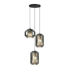 A three-light Clérachic cluster in smoke grey glass, one wide and two tall pendants hanging at staggered heights from a round black canopy.
