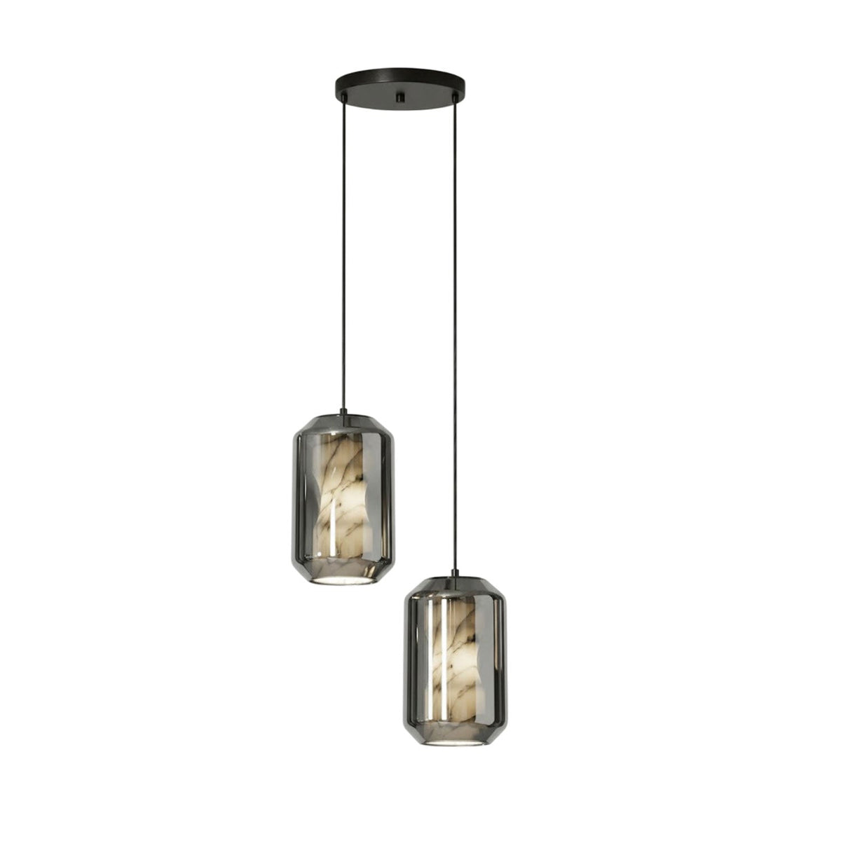 Two tall smoke grey glass Clérachic pendants hang at different heights from a small round black canopy on a white backdrop.