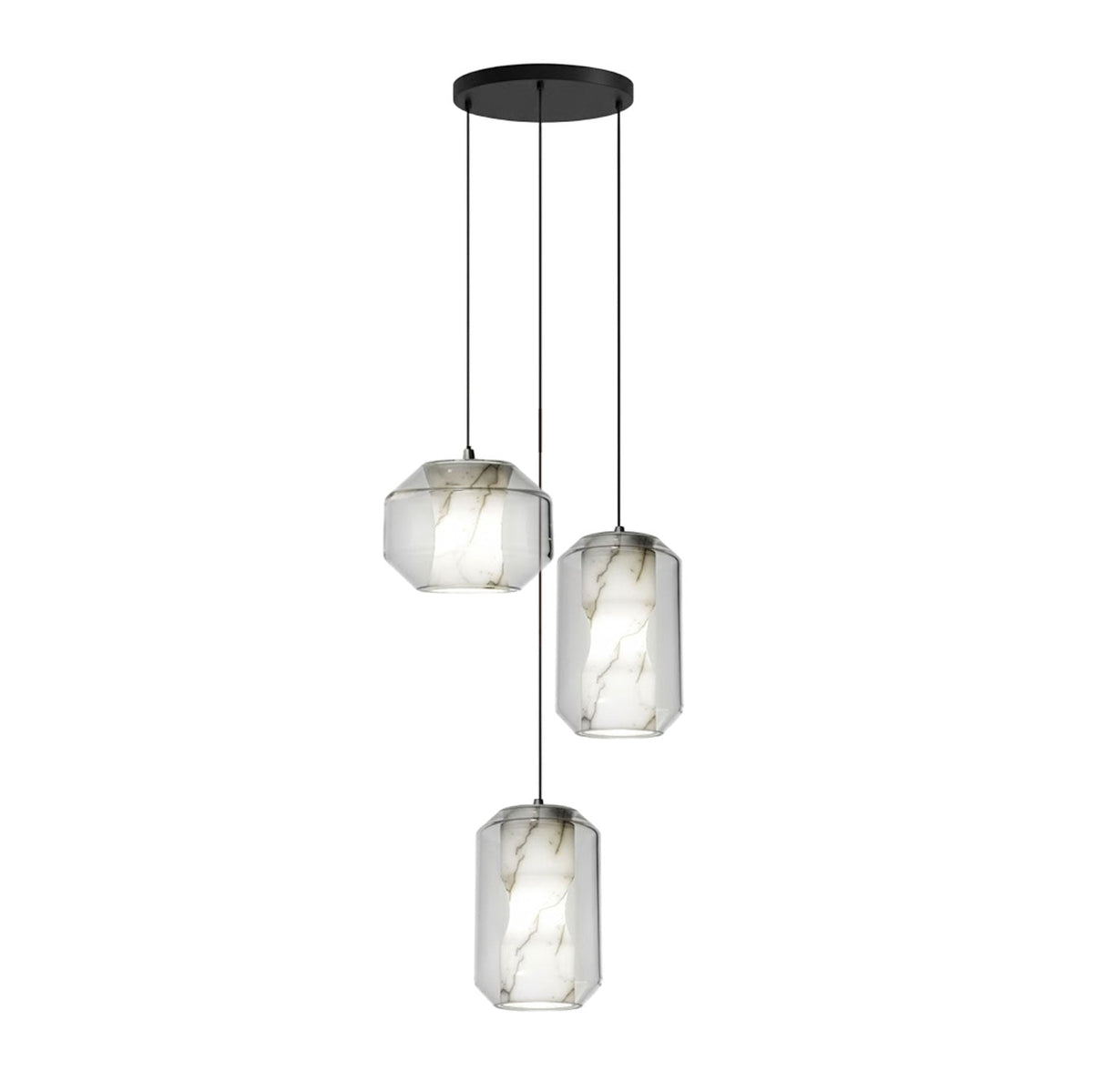 Three Clérachic pendants with clear glass and white alabaster, one wide and two tall, hang from a round black canopy on a white backdrop.