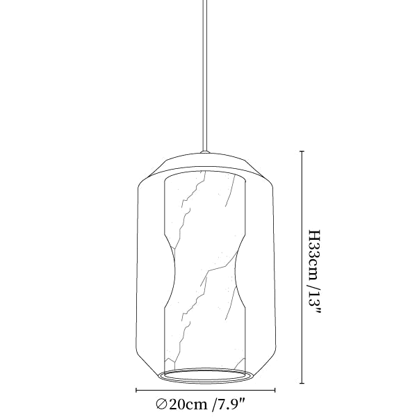 Clérachic pendant light dimension drawing, 1 of 5, every measurement marked in centimetres and inches.