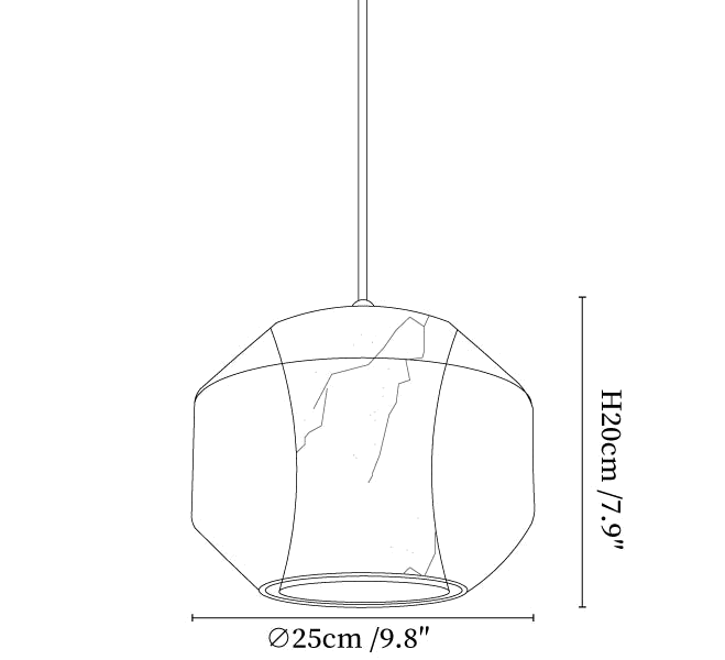 Clérachic pendant light dimension drawing, 2 of 5, every measurement marked in centimetres and inches.