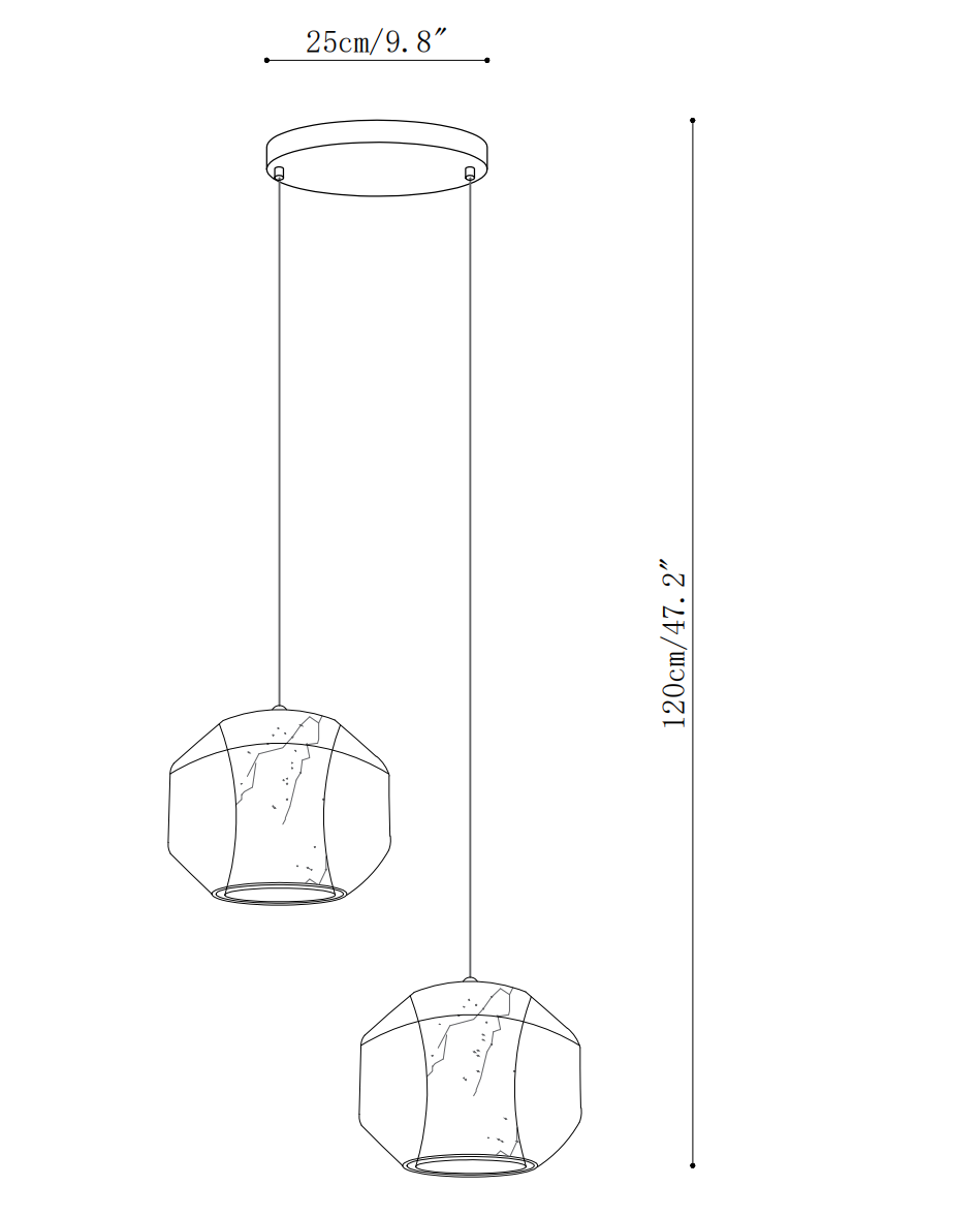 Clérachic pendant light dimension drawing, 3 of 5, every measurement marked in centimetres and inches.
