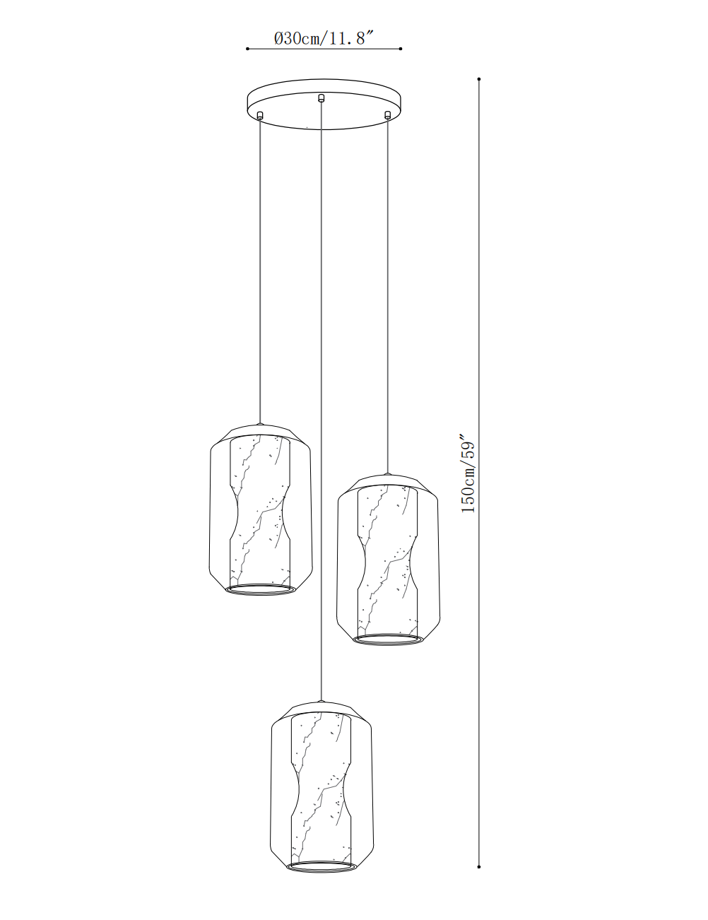 Clérachic pendant light dimension drawing, 4 of 5, every measurement marked in centimetres and inches.