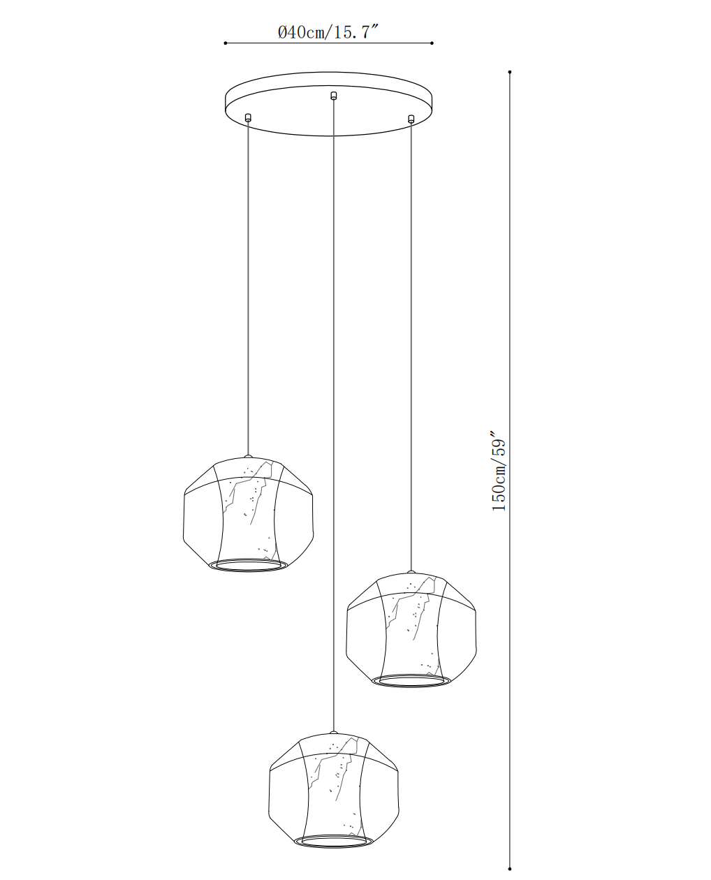 Clérachic pendant light dimension drawing, 5 of 5, every measurement marked in centimetres and inches.