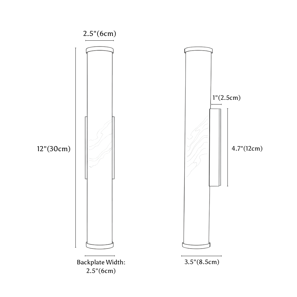 Clérachic wall light dimension drawing, 6 × 30 cm 8 W, every measurement marked in centimetres and inches.