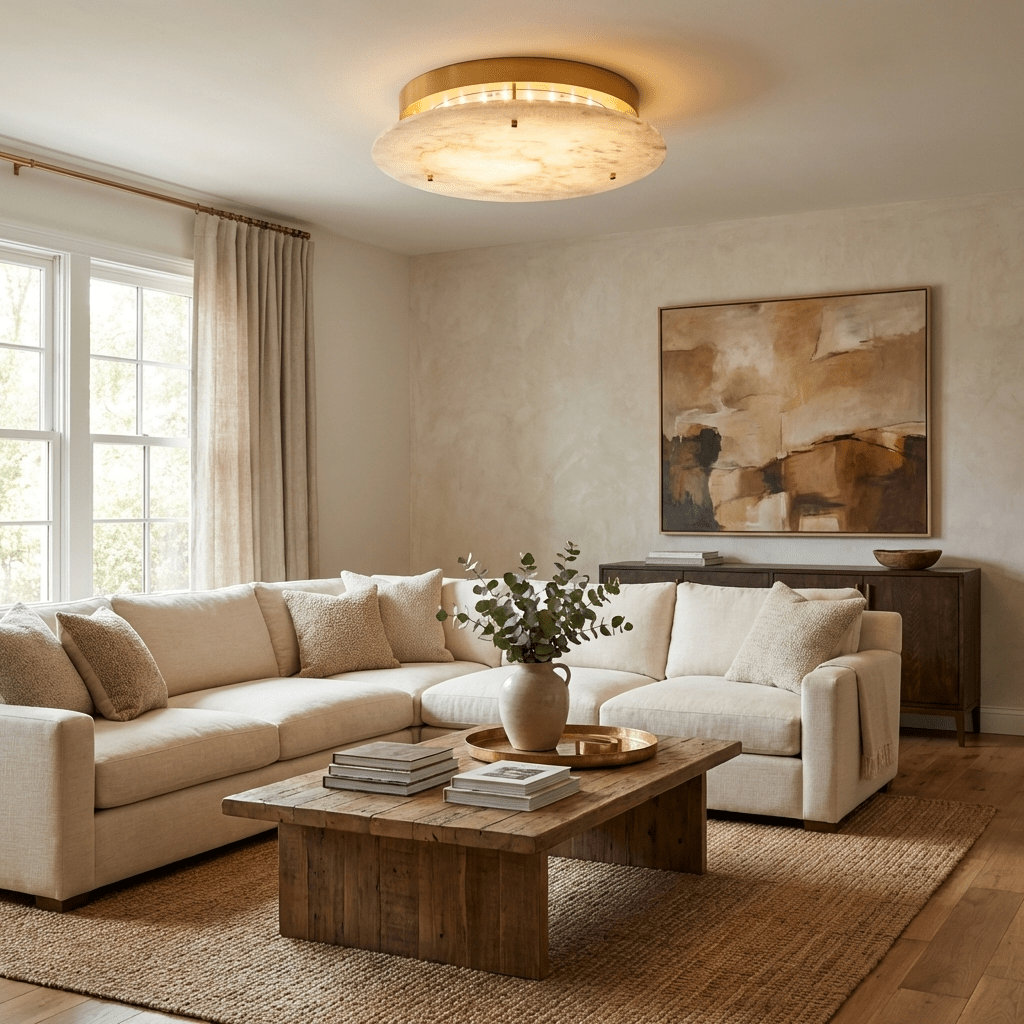 This Clérachic alabaster ceiling light glows above a cream sectional sofa and a rustic wood coffee table in a bright living room.