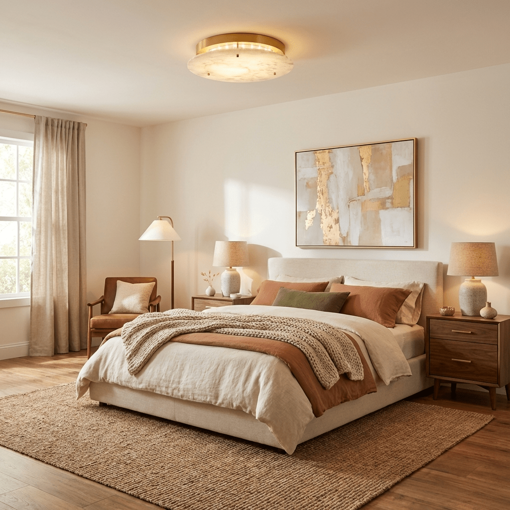 A Clérachic alabaster disc light on a cream bedroom ceiling, above a bed with rust and cream bedding and a jute rug.