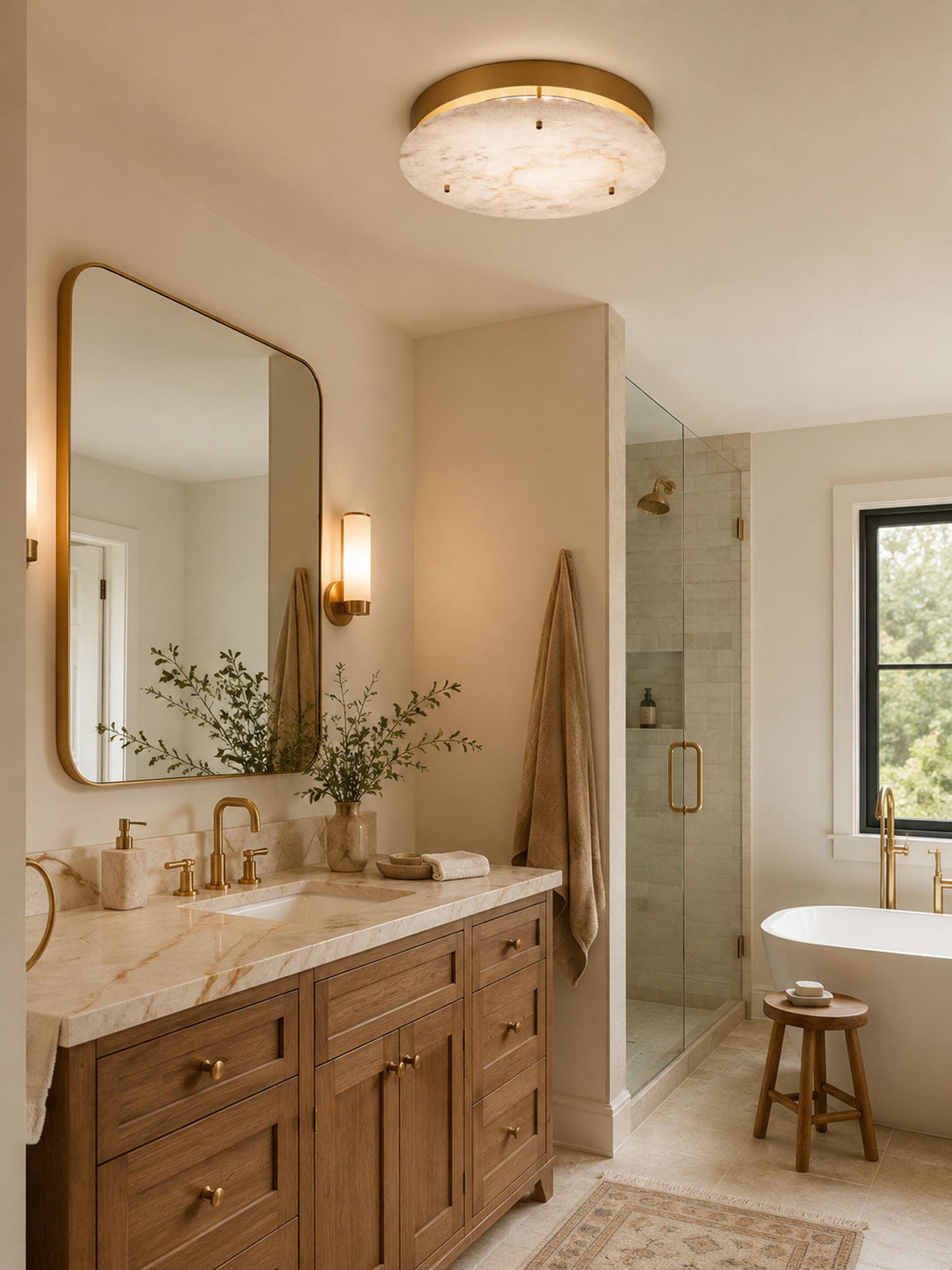 Clérachic disc light on the ceiling of a bathroom with a brass-framed mirror, a wooden vanity and a glass shower beyond.