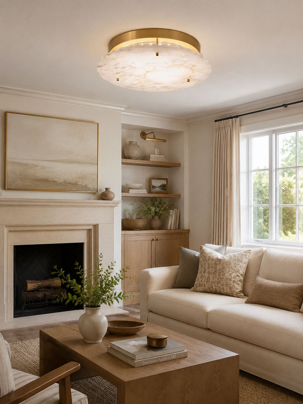 Clérachic brass-rimmed alabaster ceiling light above a cream sofa and fireplace, with a window and built-in shelves behind.