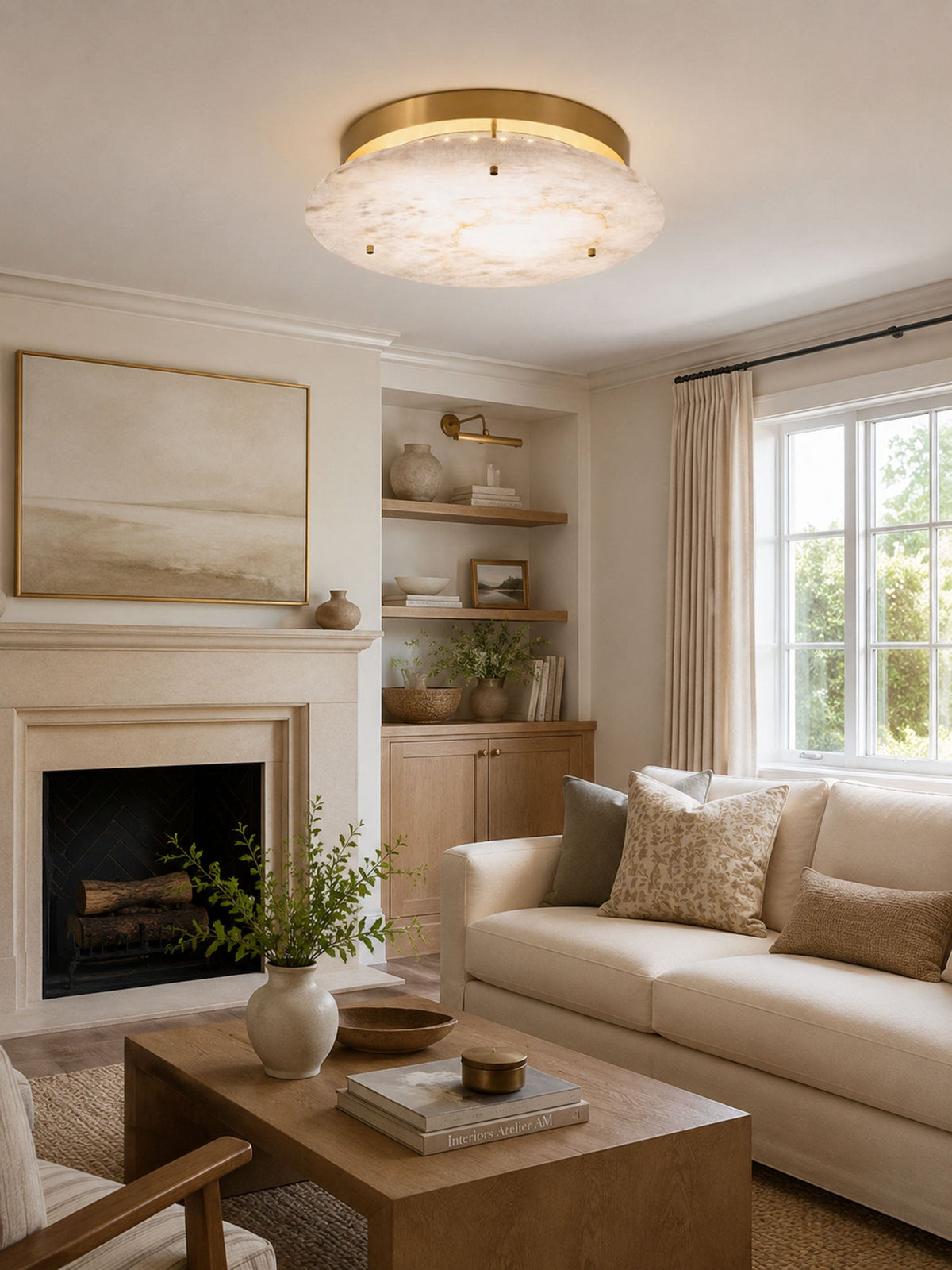 Clérachic brass-rimmed alabaster ceiling light above a cream sofa and fireplace, with a window and built-in shelves behind.