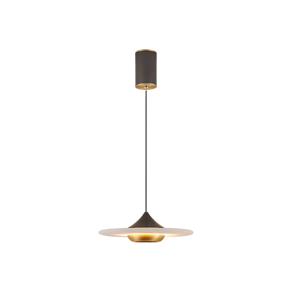 The Clérachic Alabaster Disc Pendant Light seen head-on, its brushed brass bowl glowing beneath the pale alabaster shade.