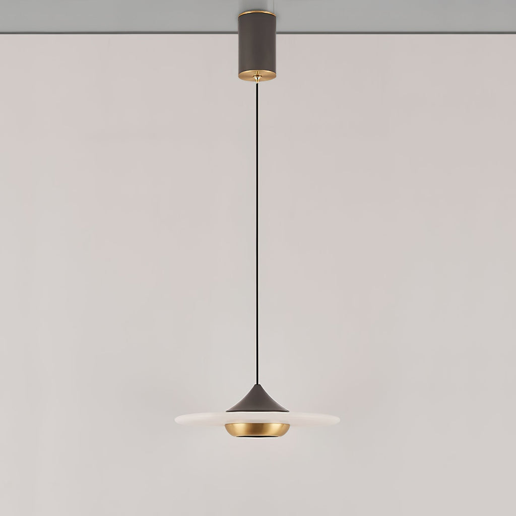 The unlit Clérachic Alabaster Disc Pendant Light in profile, dark cone cap sitting over the wide alabaster disc.
