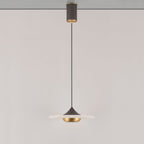 The unlit Clérachic Alabaster Disc Pendant Light in profile, dark cone cap sitting over the wide alabaster disc.