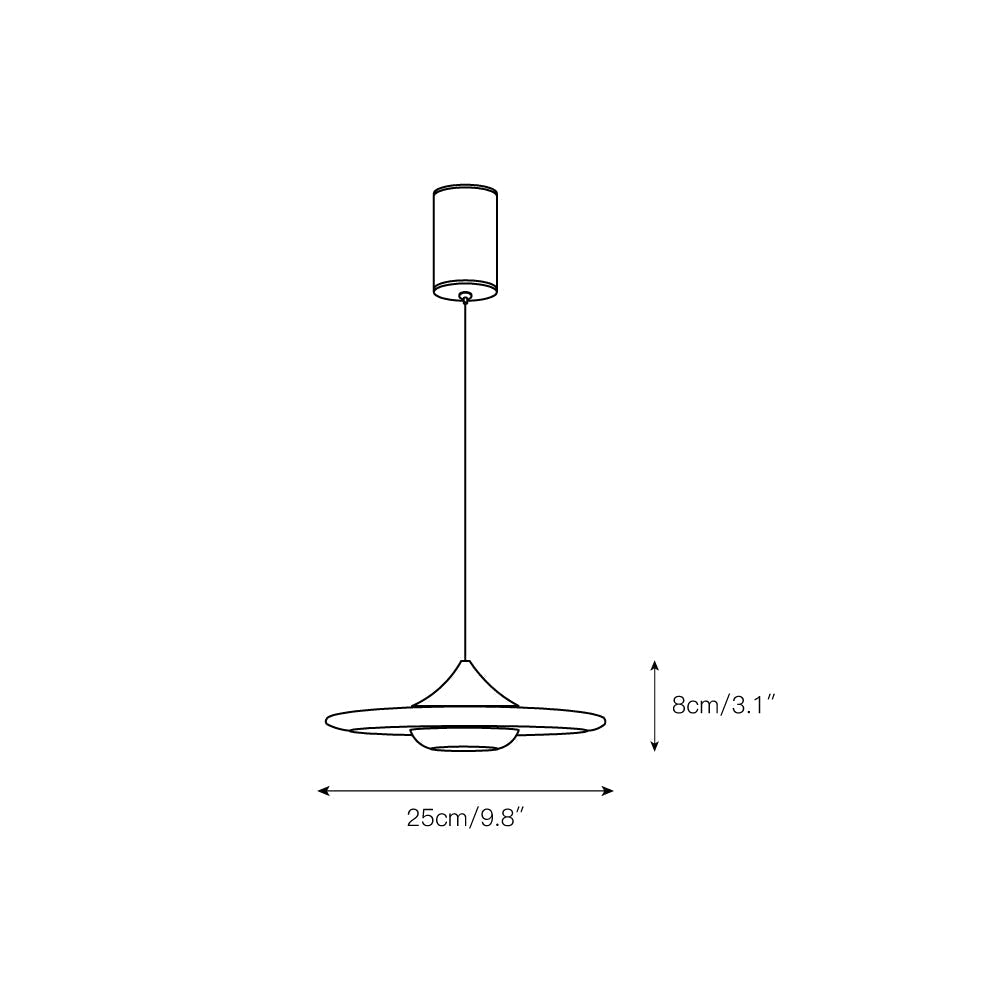 Dimension drawing for the Clérachic Alabaster Disc Pendant Light, 25 cm (9.8″) wide and 8 cm (3.1″) high.