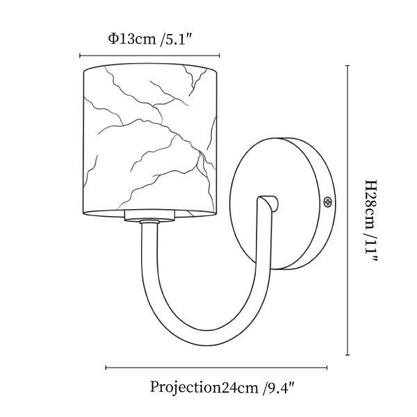 Clérachic wall sconce dimension drawing, every measurement marked in centimetres and inches.