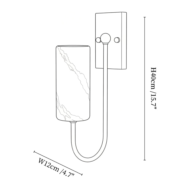 Clérachic wall light dimension drawing, every measurement marked in centimetres and inches.