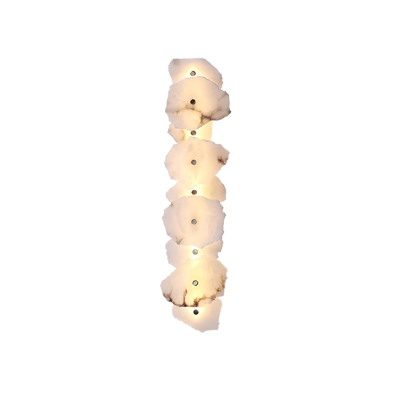 Clérachic's seven-head alabaster lamp stacked vertically on white, each shade glowing softly along its length.