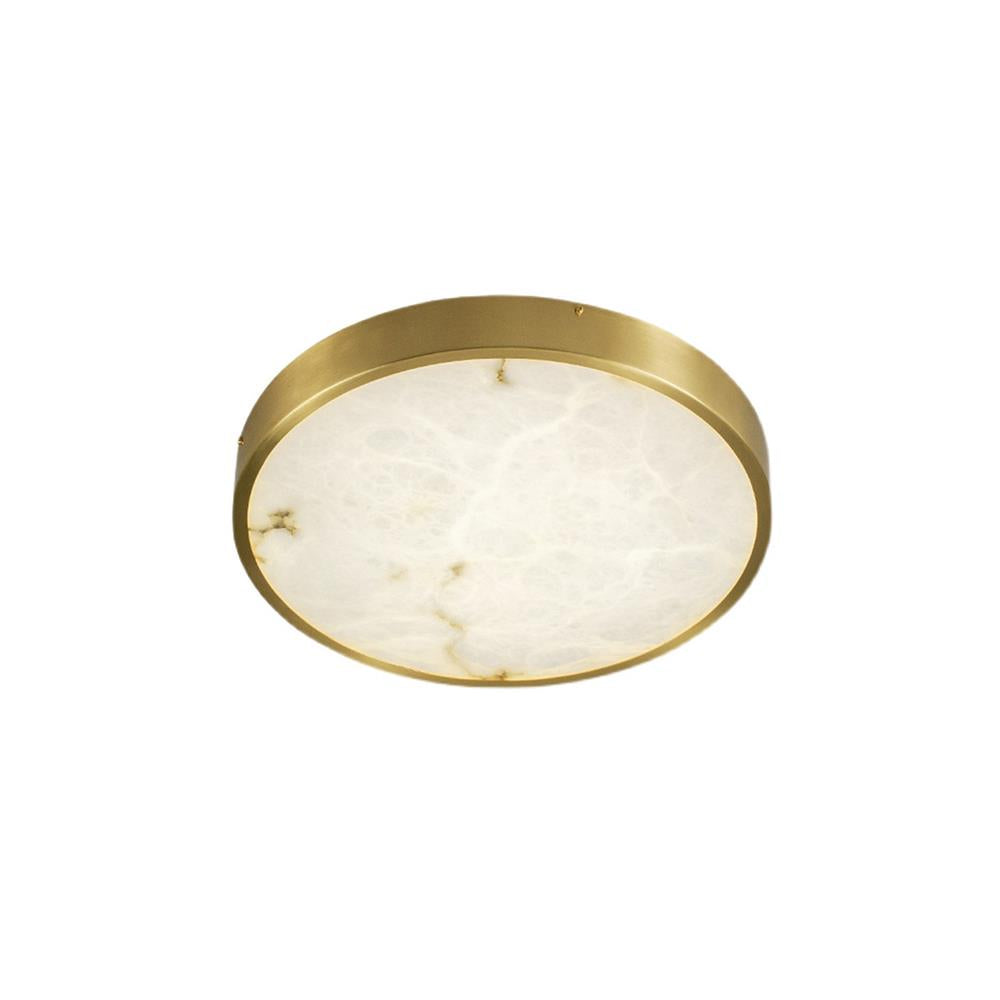 Round Clérachic alabaster flush ceiling light photographed from a low angle, showing how little the shallow brass body projects.