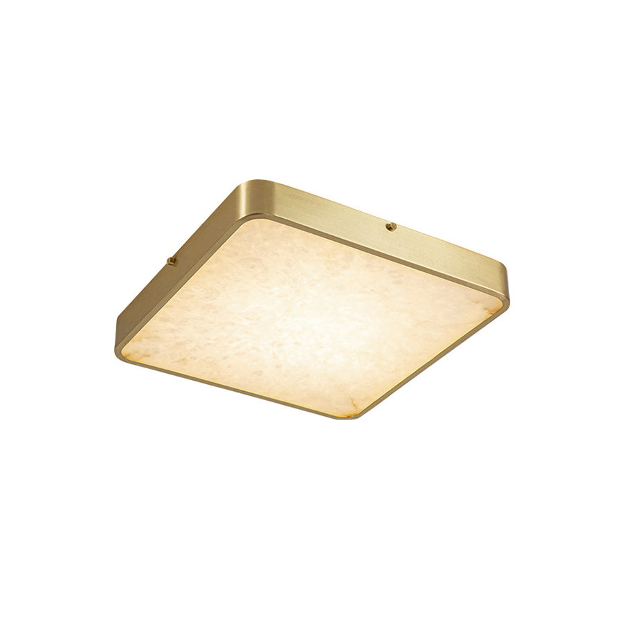 Clérachic alabaster flush ceiling light, square outline, seen from below with the brass rim catching the light along two edges.