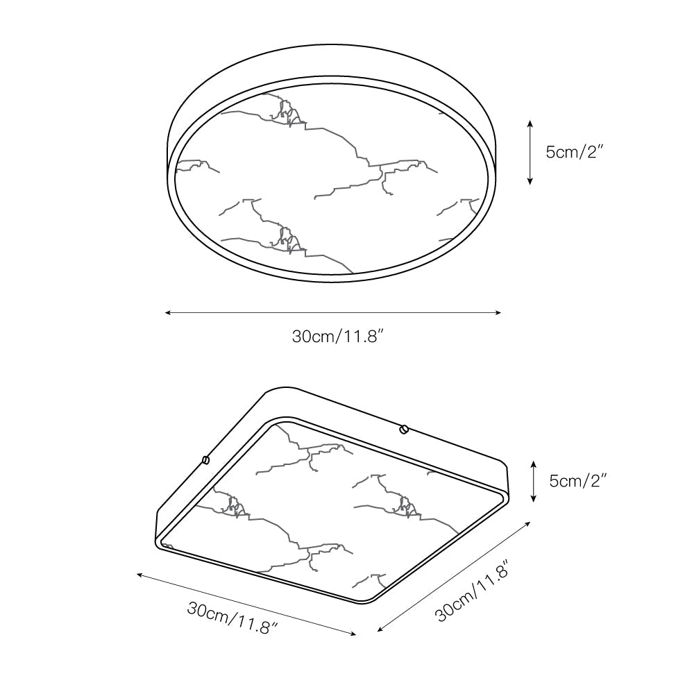 Dimension drawing for the Clérachic alabaster flush ceiling light, round and square, both 30 cm (11.8″) wide and 5 cm (2″) deep.