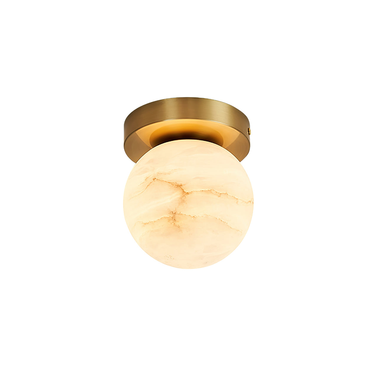 Clérachic alabaster flush mount ceiling light shown on white, the globe shade veined amber beneath a deep brushed brass canopy