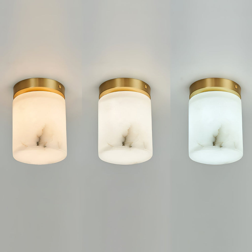 Three Clérachic alabaster cylinder ceiling lights side by side showing warm, neutral and cool light from different G9 bulbs