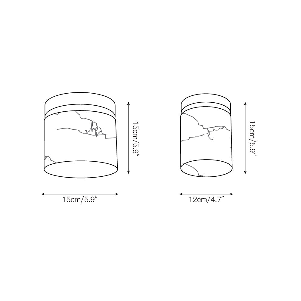 Dimension drawing for the Clérachic alabaster cylinder flush mount: 15 cm / 5.9 in and 12 cm / 4.7 in wide, both 15 cm / 5.9 in high