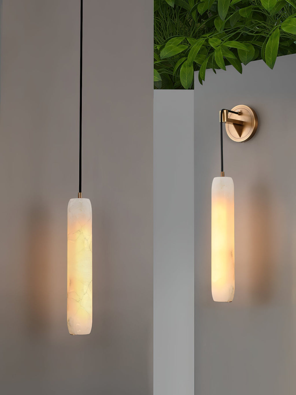 Clérachic alabaster flute shown as both a hanging drop and a wall-mounted sconce beside a planted white ledge.