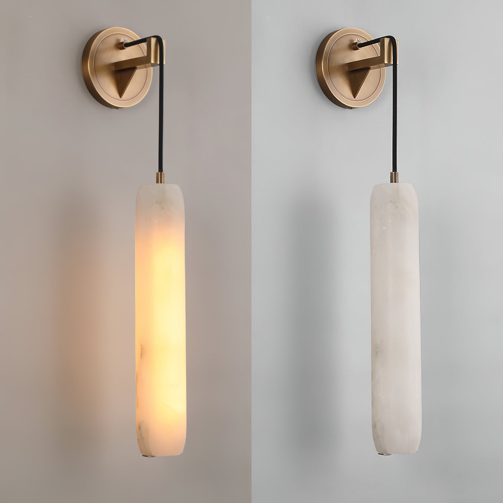 Clérachic sconce shown lit and unlit side by side, so you can see the alabaster shift from amber to pale stone.