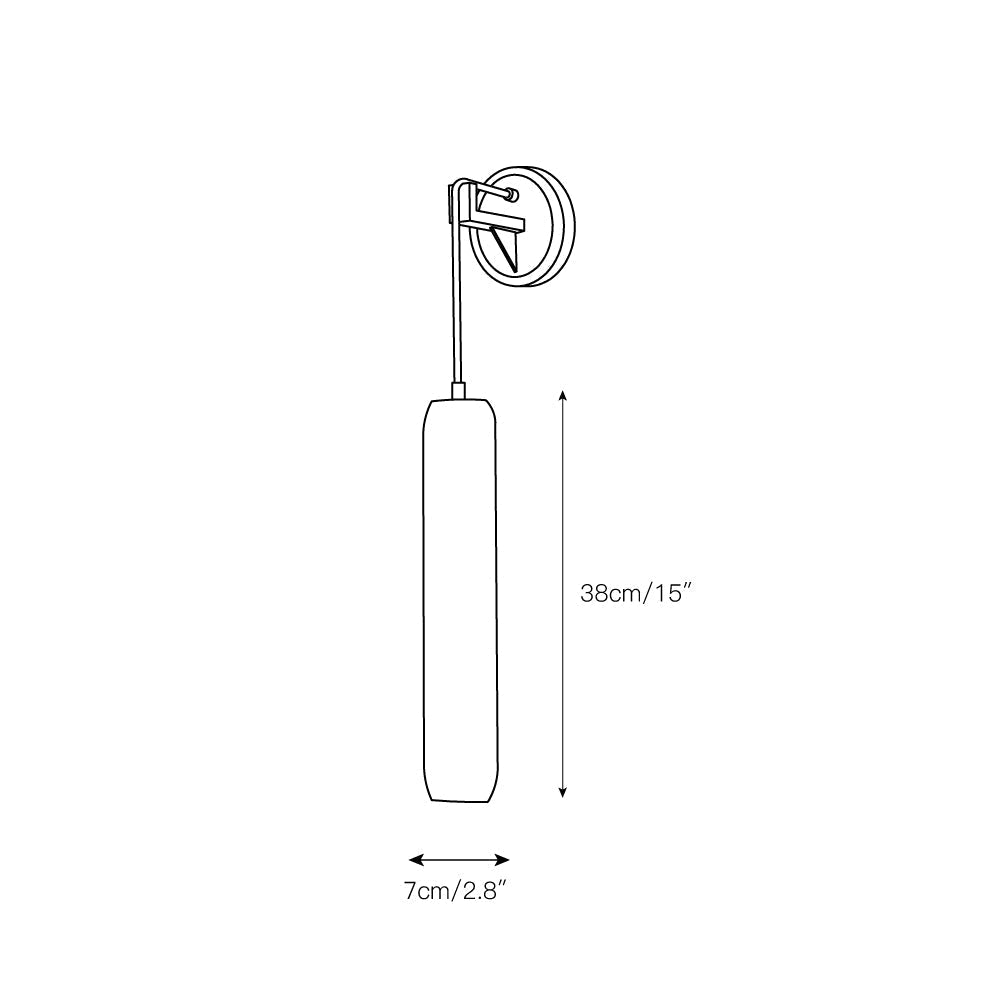 Dimension drawing for the Clérachic sconce: shade 38 cm / 15 in tall and 7 cm / 2.8 in wide, plus wall plate.