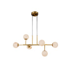 The Clérachic Alabaster Globe Chandelier unlit on a plain white background, showing the six-light brass frame in full.