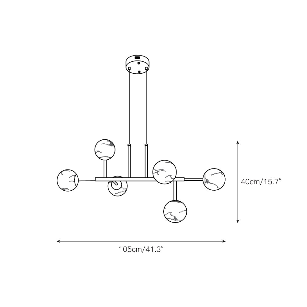 Dimension drawing for the six-light Clérachic Alabaster Globe Chandelier, 105 cm / 41.3″ wide and 40 cm / 15.7″ high.
