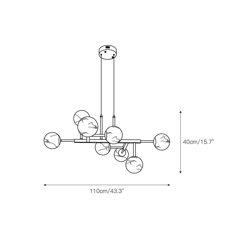 Dimension drawing for the nine-light Clérachic Alabaster Globe Chandelier, 110 cm / 43.3″ wide and 40 cm / 15.7″ high.