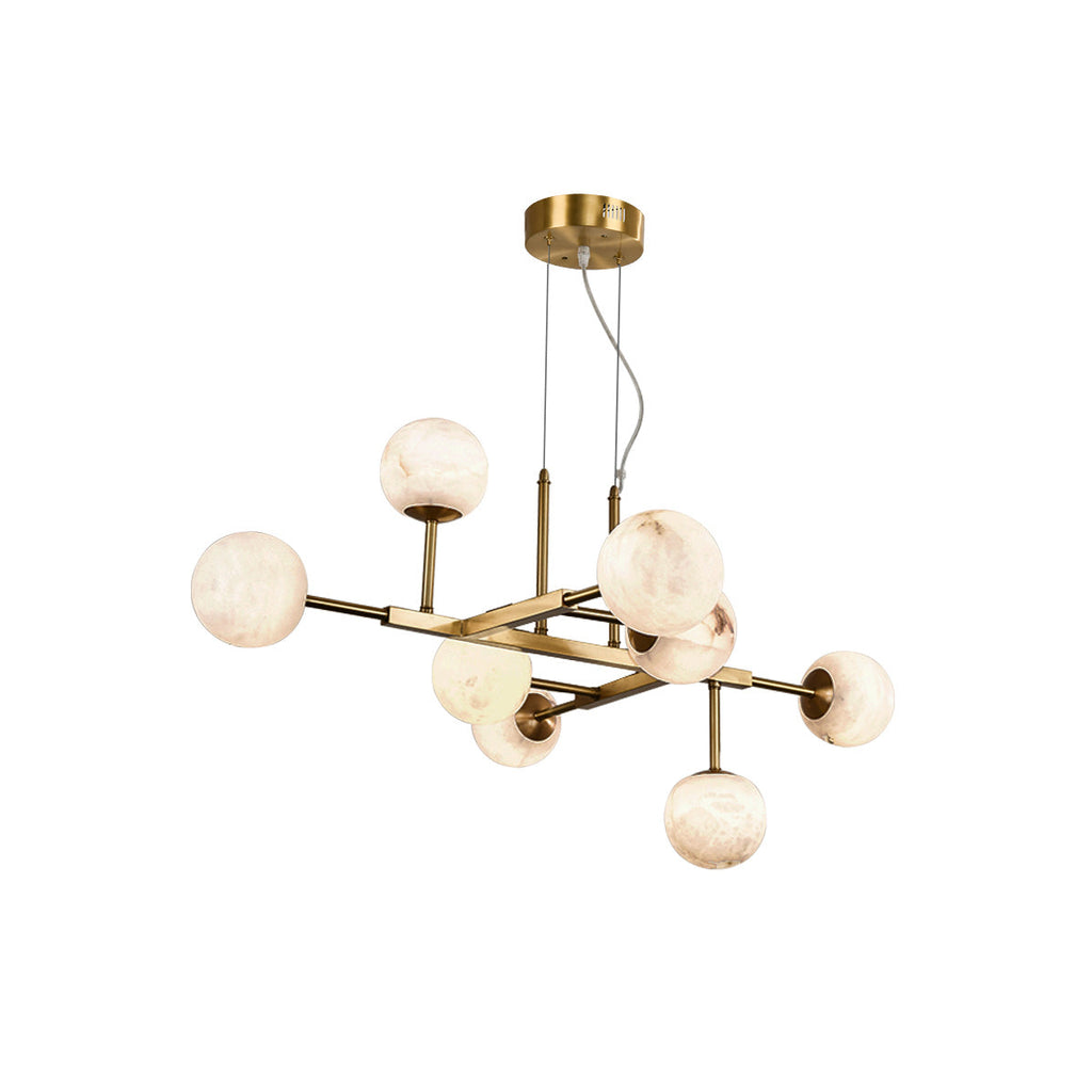 The nine-light Clérachic Alabaster Globe Chandelier on white, brass canopy and suspension wires shown with the full frame.