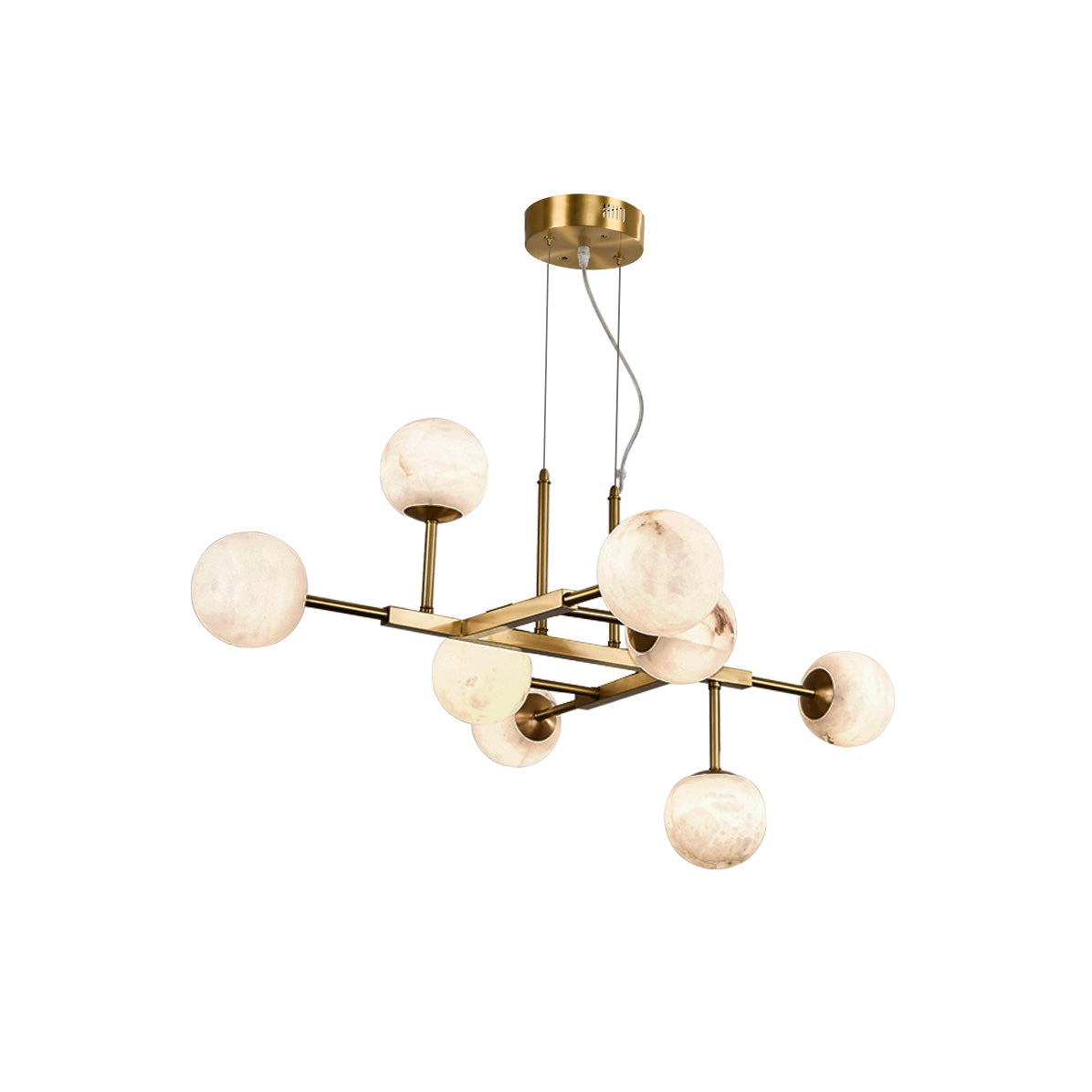 The nine-light Clérachic Alabaster Globe Chandelier on white, brass canopy and suspension wires shown with the full frame.
