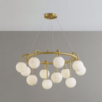 The twelve-light Clérachic Alabaster Globe Chandelier hung on four slim cables from its flush round canopy, seen against plain grey.