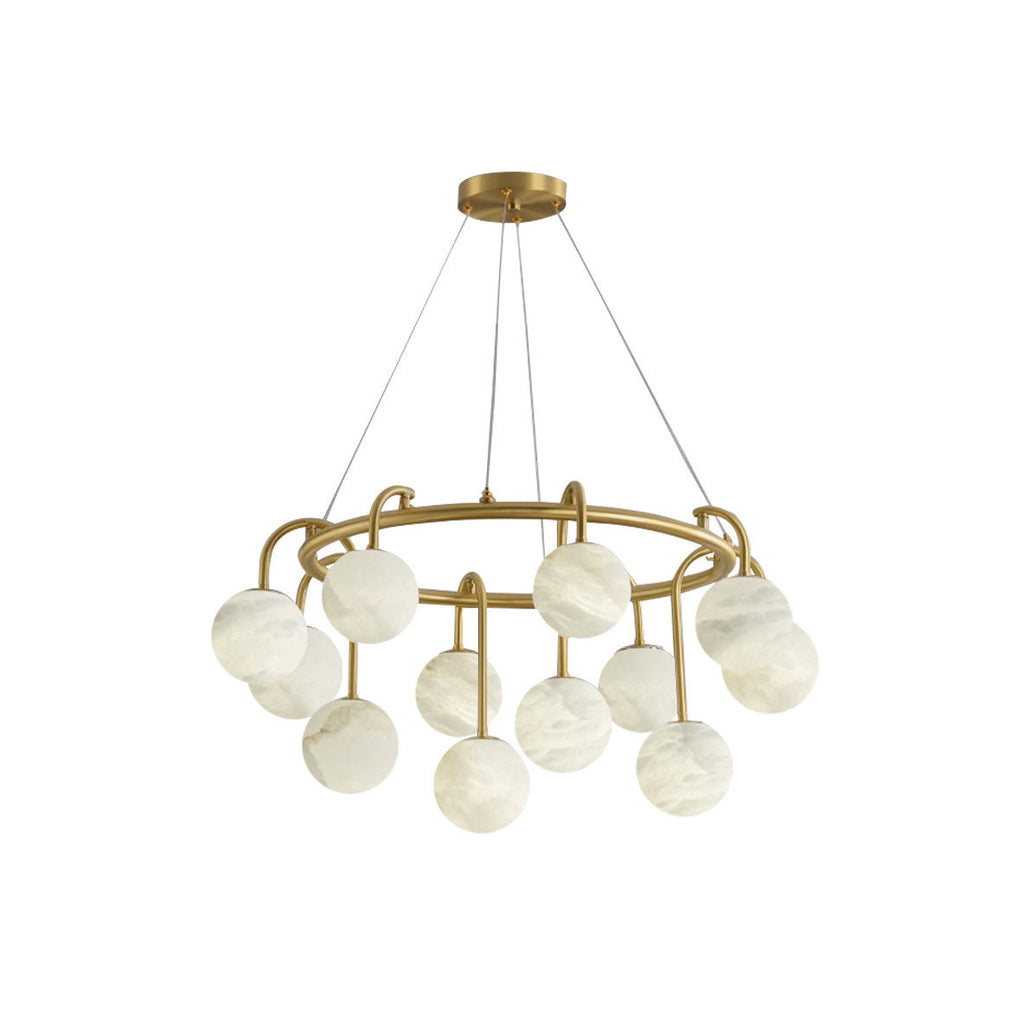 Clérachic Alabaster Globe Chandelier on a plain white background, showing the full drop from ceiling canopy to the lowest globe.