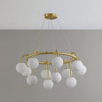 The Clérachic Alabaster Globe Chandelier seen head-on with its full cable drop, globes staggered around the brushed brass ring.