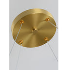 Close view of the Clérachic Alabaster Globe Chandelier canopy, a flush brass disc with four suspension cables threaded through it.