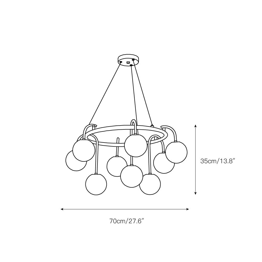 Dimension drawing for the nine-light Clérachic Alabaster Globe Chandelier, 70 cm (27.6″) wide and 35 cm (13.8″) high.