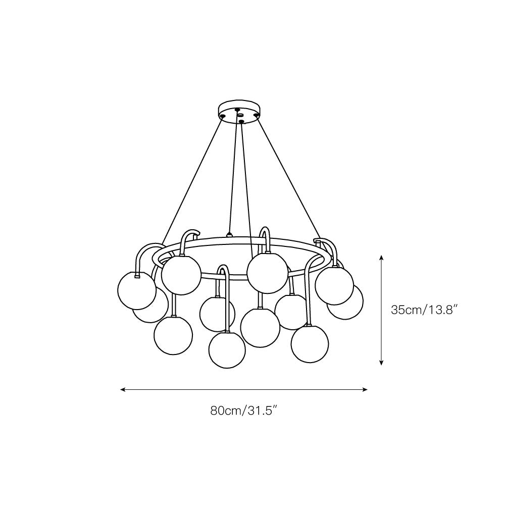 Dimension drawing for the twelve-light Clérachic Alabaster Globe Chandelier, 80 cm (31.5″) wide and 35 cm (13.8″) high.
